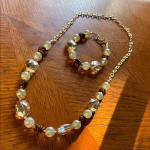 Elegant Gold and Brown Beaded Necklace and Bracelet Set